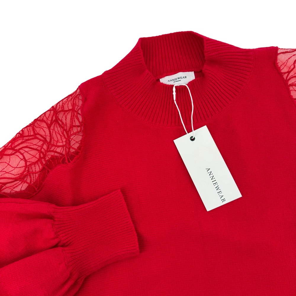 Anniewear LA Womens 1X Red Lace Sleeve‎ Mock Neck Sweater